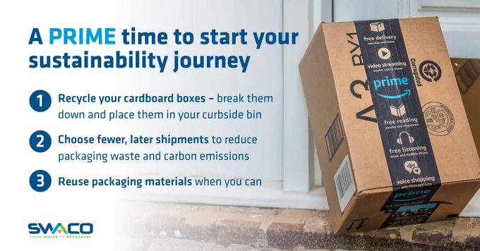 Text reads: 'A PRIME time to start your sustainability journey. 1. Recycle your cardboard boxes - break them down and place them in your curbside bin. 2. Choose fewer, later shipments to reduce packaging waste and carbon emissions. 3. Reuse packaging materials when you can.' An amazon prime box sits next to the text with the prime logo visible. The SWACO logo is in the bottom left corner.