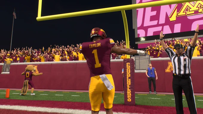 Darius Taylor scoring a touchdown in EA Sports’ College Football 26.