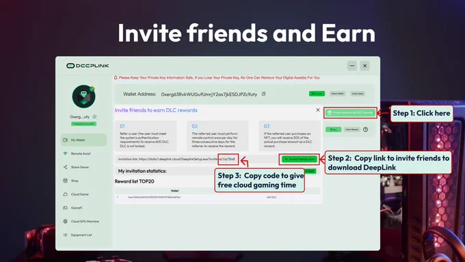 DeepLink referral program — invite friends and earn gaming rewards