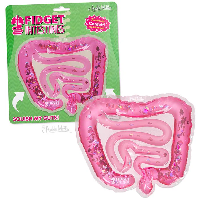 A fidget toy shaped like intestines filled with pink liquid and bits of food. 