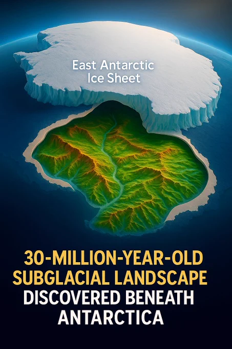 A stylized cutaway view of East Antarctica: the top half shows a smooth, snow-covered ice sheet labeled ‘East Antarctic Ice Sheet,’ and the bottom half reveals a hidden lush terrain in greens and golds with river valleys and ridges, titled ‘30-million-year-old subglacial landscape discovered beneath Antarctica.