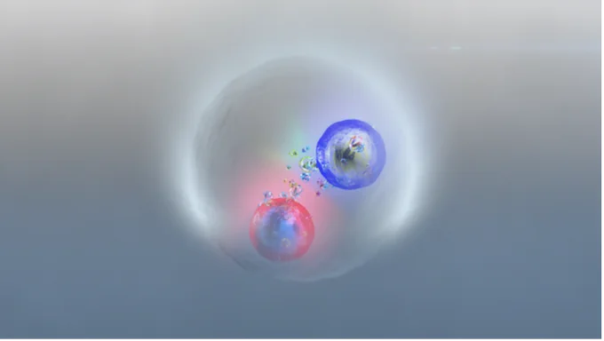 Artist’s impression of the short-lived union of a top quark and a top antiquark formed by the exchange of gluons. (Image: D. Dominguez/CERN)