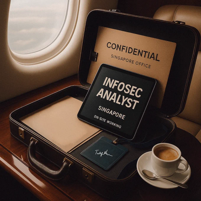 Open briefcase on a private jet showing a tablet that reads "INFOSEC ANALYST - SINGAPORE - ON-SITE WORKING", with a folder labelled "CONFIDENTIAL - SINGAPORE OFFICE" and a coffee cup beside it, highlighting a high-level cybersecurity role in APAC.