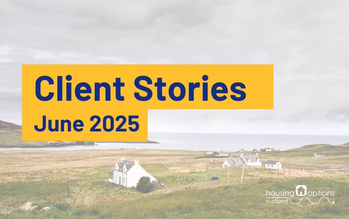 Scenic rural landscape with scattered white houses under a cloudy sky, overlaid with 'Client Stories June 2025' text in bold yellow and blue.