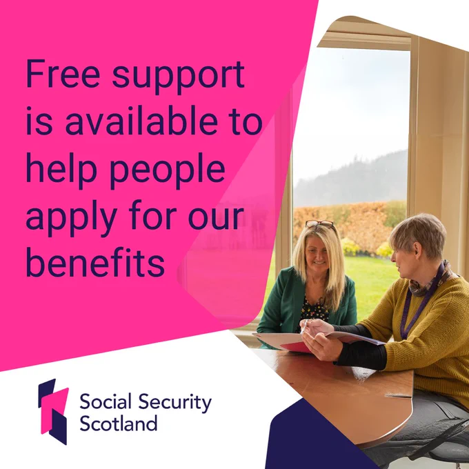 A Client Adviser helping a client with an application in-person with the wording "free support is available to help people apply for our benefits"