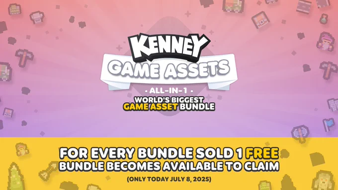 Kenney Game Assets All-in-1 loog, "World's biggest game asset bundle" tagline. Bottom text: For every bundle sold 1 free bundle becomes available to claim. Text under, small; "Only today july 8, 2025"