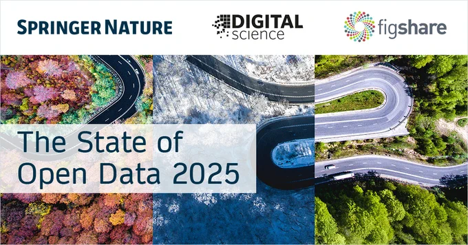 "Promotional banner for 'The State of Open Data 2025' report by Springer Nature, Digital Science, and Figshare. The image shows an aerial view of winding roads passing through various landscapes: autumn foliage, snowy terrain, and lush green forest. Logos of Springer Nature, Digital Science, and Figshare are positioned at the top."