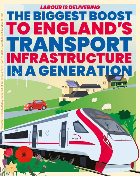 Illustrative image of hills, houses, train, car, wind turbines, sheep, bus, flowers. Text reads: Labour is delivering the biggest boost to England's transport infrastructure in a generation.