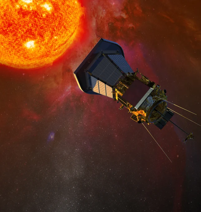 A rendering of NASA’s Parker solar probe spacecraft with its solar panels folded into the shadows of its protective shield during its approach to the sun.