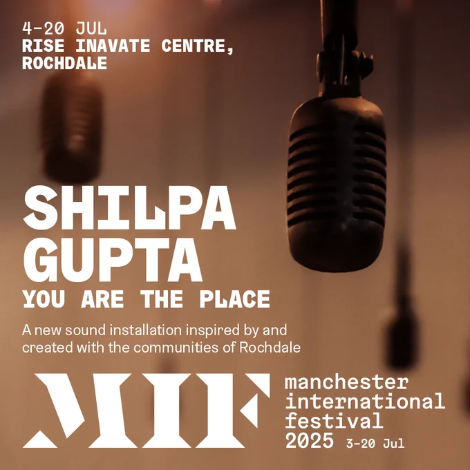Shilpa Gupta, You are the place. Microphone hanging from the ceiling. 4-20 July, Rise Inavate Centre, Rochdale 