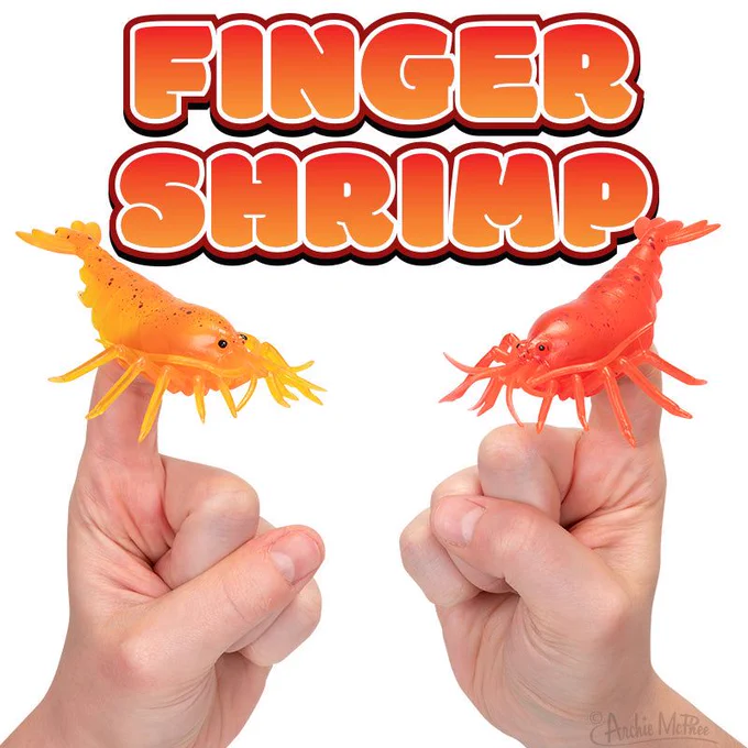 Two colorful Finger Shrimp toys perched on fingers, ready to wiggle and skitter underwater fun