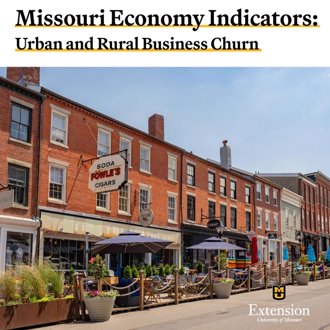 A small town downtown area showing open businesses and flowers in pots. Text says "Missouri  Economy Indicators: Urban and Rural Business Churn"
