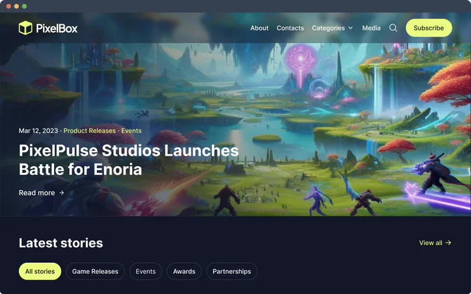 Screen shows a mock-up of a fictitious gaming newsroom, with a splash hero image showing off game graphics and a dark newsroom layout as built through Prezly PR software.