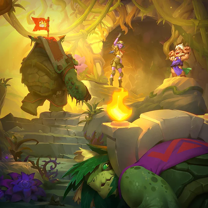 A fantasy scene with turtle-like creatures, a glowing flame, and adventurers cheering in a lush, cave-framed setting.