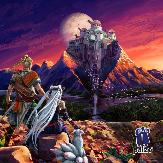 Thaleon, the Pathfinder iconic elf psychic, and Feiya, the Pathfinder iconic human witch, look in awe across a river at a magnificent city in a cliffside with the moon huge behind it in a blue, fuchsia, and orange gradient sky. In the bottom right corner of the image is the "Paizo" logo. 