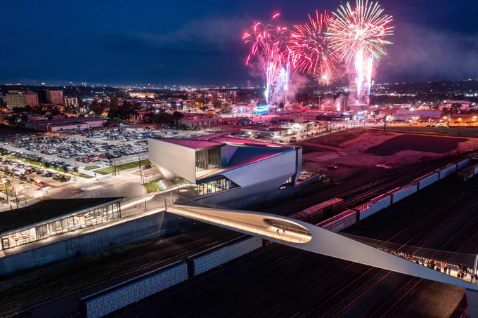 Aerial view of fireworks over the U.S. Olympic and Paralympic Museum
