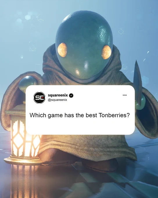 Square Enix asks, "Which game has the best Tonberries?" as a Tonberry from Final Fantasy VII Remake stands behind the question bubble menacingly. 