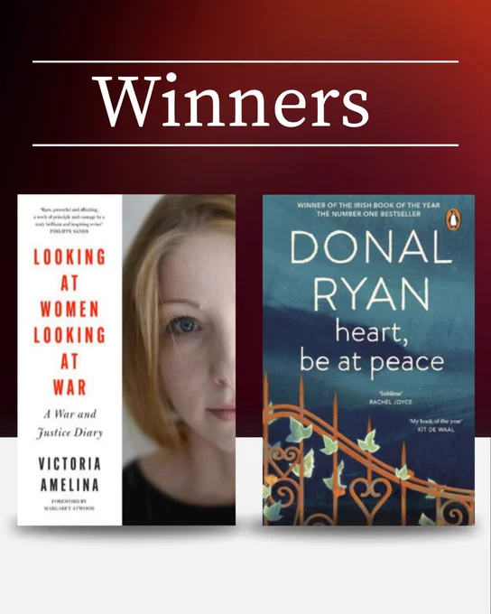 Two book covers side by side: 'Looking at Women Looking at War' by Victoria Amelina, and Donal Ryan's 'Heart, Be at Peace' on a black and red gradient background with a white strip at the base. White text at the top reads 'Winners', framed between two thin white lines. 
