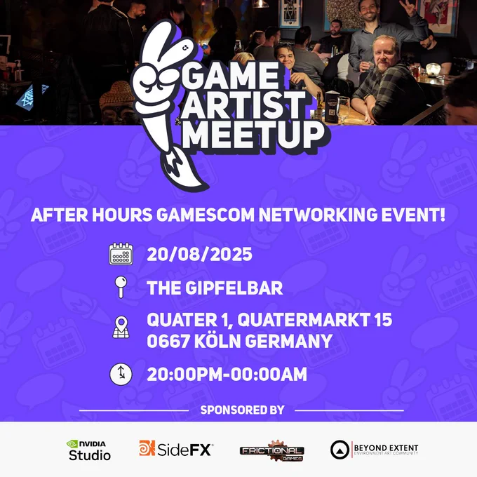 Game Artist Meetup Networking Event at Gamescom 2025, 20.08.2025 at Gipfelbar, Quater 1, Cologne, 20:00 - 00:00, Sponsored by NVIDIA Studio, SideFX, Frictional Games and Beyond Extent