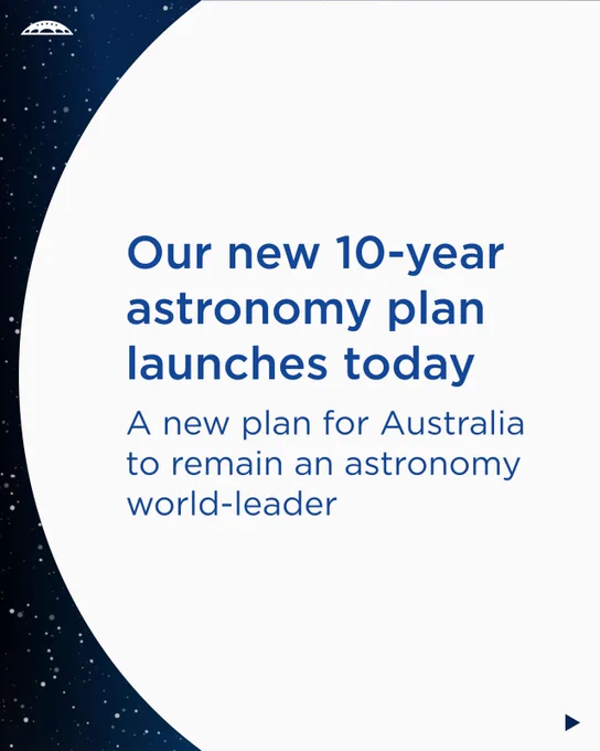 Promotional graphic announcing the launch of a 10-year astronomy plan aiming to make Australia a world leader in the field, featuring a dark blue background with star motifs and a stylized telescope icon.