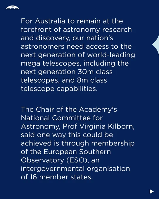A graphic displaying text about the future of Australian astronomy, mentioning the European Southern Observatory and Chair of the Academy's National Committee for Astronomy, Prof Virginia Kilborn.