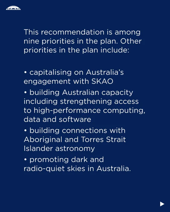 Image of a text slide detailing priority initiatives in a plan that includes engaging with SKA (Square Kilometre Array), enhancing Australia's high-performance computing, creating connections with Aboriginal and Torres Strait Islander astronomers, and promoting dark and radio-quiet skies in Australia. A simple graphic of clouds is at the top of the slide.