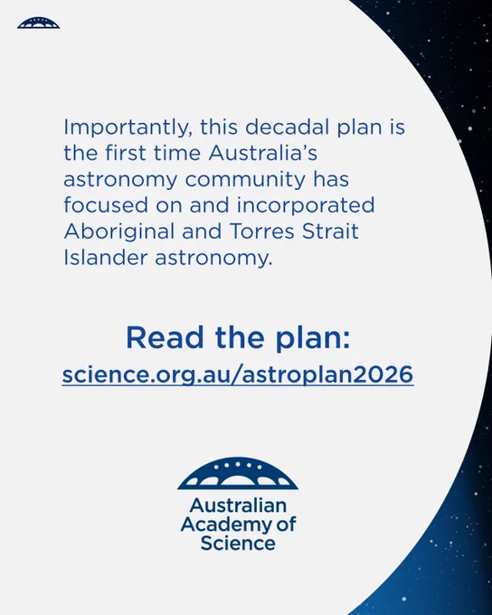 Promotional poster for the Australian Academy of Science's Astroplan 2026, highlighting the first inclusion of Australia's Aboriginal and Torres Strait Islander community in focused astronomy plans. Features text and a link to the plan at science.org.au/astroplan2026 on a blue background with a star image.