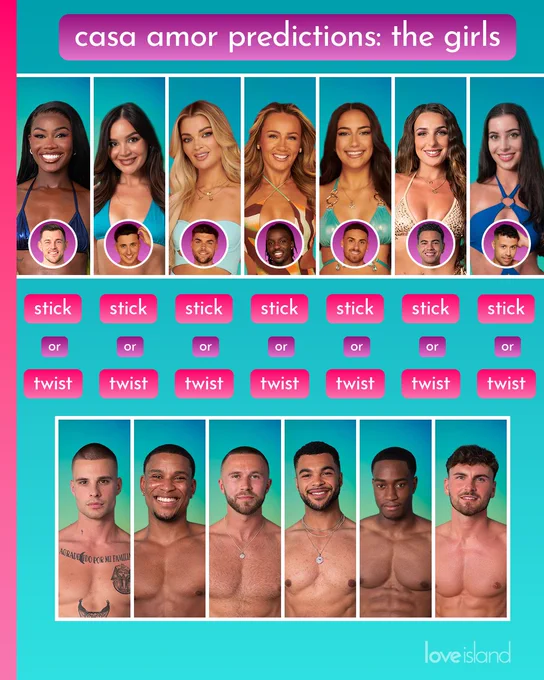 A graphic image with text at the top that reads ‘casa amor predictions: the girls.’ At the top half of the image there’s an image of each of the OG girls in a line, and a small circle next to them of the boy they’re originally coupled up with. Below each boy is text that reads ‘stick or twist.’ Below that is an image of each other the Casa Amor boys.