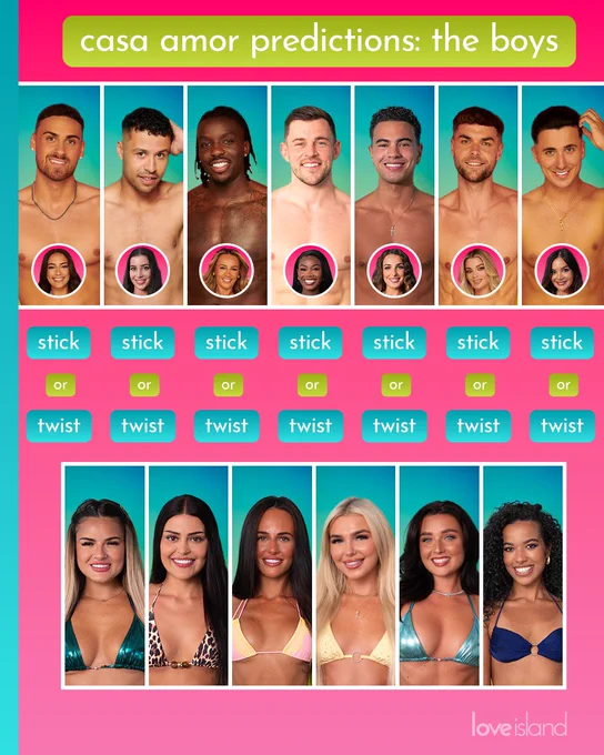 A graphic image with text at the top that reads ‘casa amor predictions: the boys.’ At the top half of the image there’s an image of each of the OG boys in a line, and a small circle next to them of the girl they’re originally coupled up with. Below each boy is text that reads ‘stick or twist.’ Below that is an image of each other the Casa Amor girls.