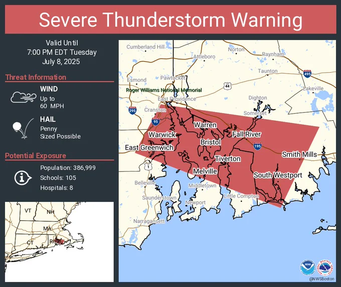 This graphic displays a severe thunderstorm warning plotted on a map. The warning is in effect until 7:00 PM EDT. The warning includes Fall River MA, Warwick RI and Tiverton RI.  This warning is for Southern Bristol County in southeastern Massachusetts, Northeastern Washington County in Rhode Island, Northeastern Newport County in Rhode Island, Northeastern Kent County in Rhode Island, Southeastern Providence County in Rhode Island and Bristol County in Rhode Island. The threats associated with this warning are wind gusts up to 60 MPH and penny sized hail. There are 386,999 people in the warning along with 105 schools and 8 hospitals.