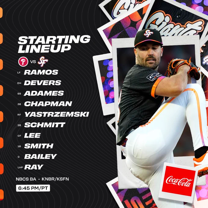 July 8 - SF vs. PHI

Heliot Ramos - LF
Rafael Devers - DH
Willy Adames - SS
Matt Chapman - 3B
Mike Yastrzemski - RF
Casey Schmitt - 2B 
Jung Hoo Lee - CF
Dominic Smith - 1B
Patrick Bailey - C
 
LHP Robbie Ray