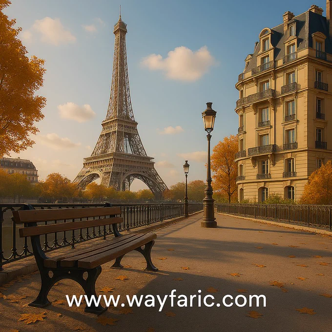 3D-rendered panoramic view of Paris at golden hour, featuring the Eiffel Tower glowing against a romantic sky. Cobblestone streets, vintage bookstalls, and classic Haussmann buildings lead into the scene, with www.wayfaric.com subtly displayed in the corner as a travel brand watermark.