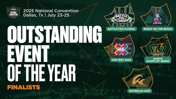 A graphic showing the NACE 2025 Outstanding Event of the Year Finalists:
Battle for Florida, hosted by the University of South Florida
WATERLAN 2025, hosted by the University of Waterloo and Conestoga College
Boost on the Beach, hosted by Syracuse University and Shenandoah University
Saints Gauntlet Series, hosted by St. Clair College
HUE Fest 2024, hosted by Harrisburg University