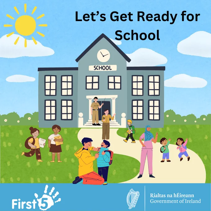 Illustration shows a group of children and parents outside of a school. The sun is shining. The title above the poster reads, "Let's Get Ready for School". Below the poster is a blue textbox with the logos for First 5 and the Government of Ireland.