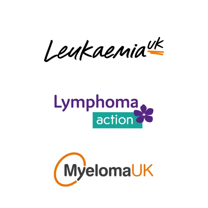 Image shows three charity logos. At the top the Leukaemia UK logo is shown, in the middle is the Lymphoma Action logo and at the bottom is the Myeloma UK logo.