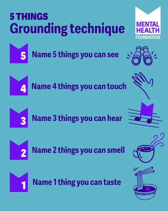 5-step grounding technique poster from Mental Health Foundation. Lists: 5 things you can see (binoculars icon), 4 you can touch (hand icon), 3 you can hear (music icon), 2 you can smell (coffee icon), 1 you can taste (noodle bowl icon). Blue background, purple text and icons.