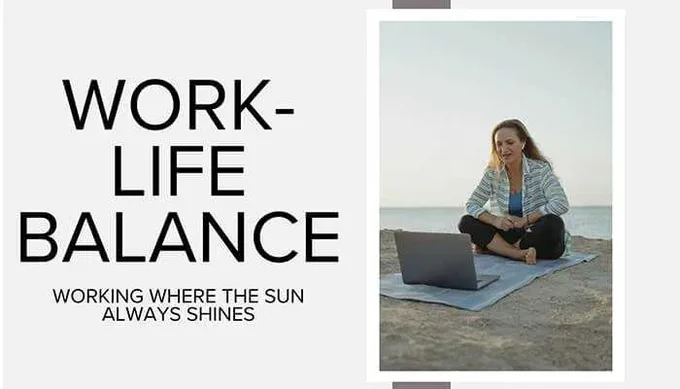 Woman sitting cross-legged on a beach mat with a laptop, smiling and working near the ocean under a clear sky. Text reads "Work-Life Balance – Working Where the Sun Always Shines."