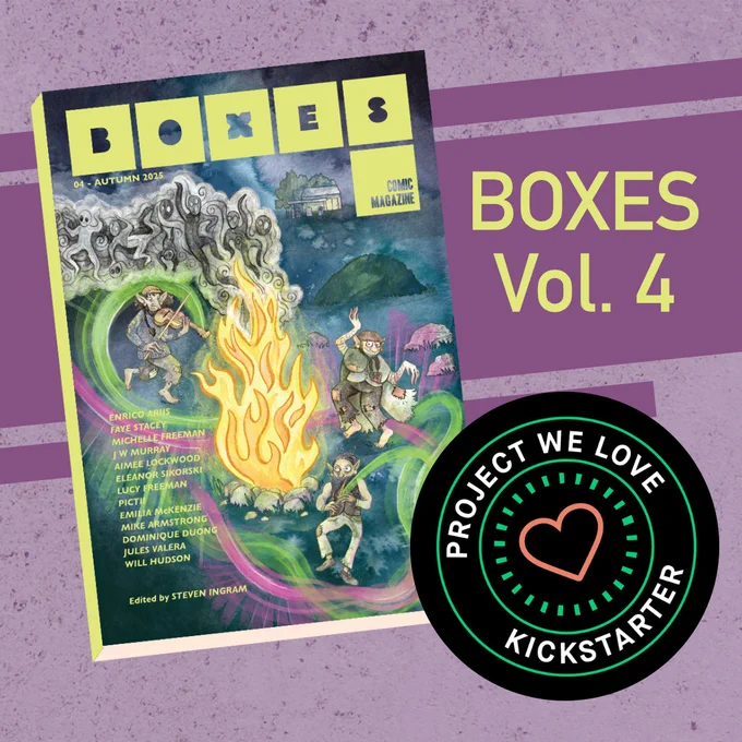A mocked up copy of BOXES Comic Magazine Vol. 4 with a Kickstarter Project We Love logo on a purple background. 