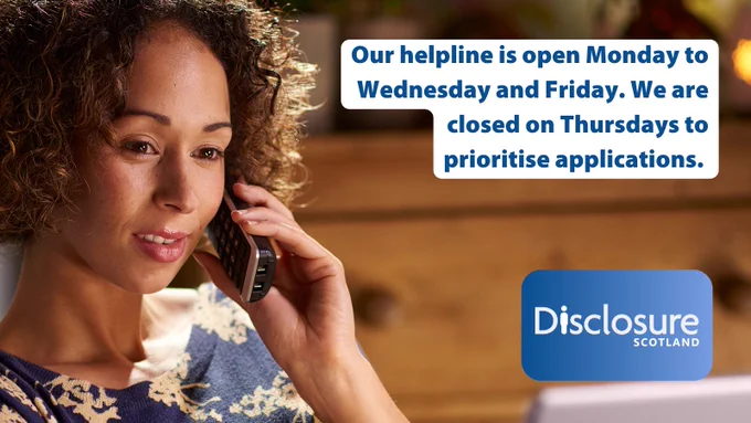 Our helpline is open Monday to Wednesday and Friday. We are closed on Thursdays to prioritise applications. 