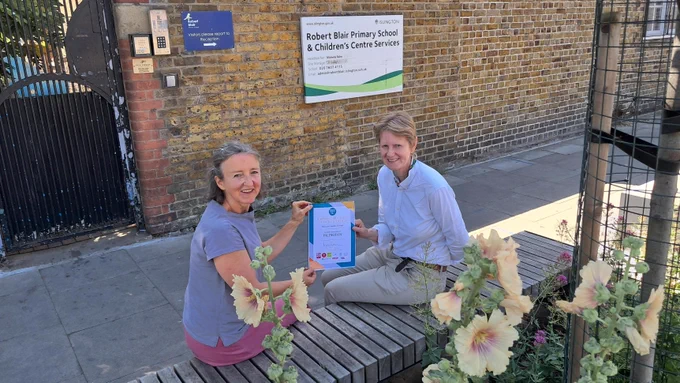 Alice Roberts, CPRE and Cllr Champion Cllr Rowena Champion, Executive Member for Environment, Air Quality, and Transport at Islington Council on the Robet Blair school street in Islington