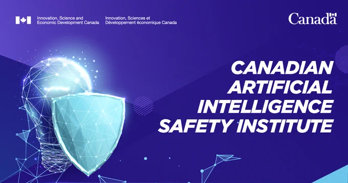 Illustration featuring a glowing lightbulb connected by digital lines and a shield in front of it, symbolizing protection and innovation. Image text: Canadian Artificial Intelligence Safety Institute.