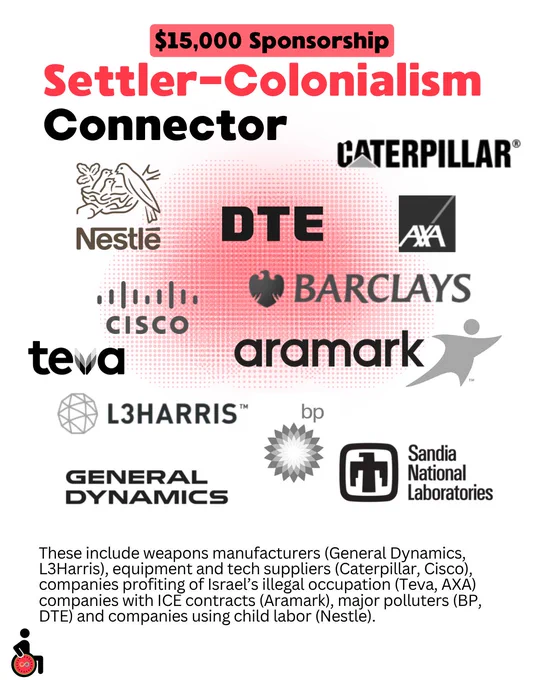 $15,000 Sponsorship: Settler-Colonialism Connector: Aramark, AXA, Barclays, BP, Caterpillar, Cisco, DTE, General Dynamics, L3Harris, Nestle, Sandia National Laboratories, Teva Pharmaceuticals.
These include weapons manufacturers (General Dynamics, L3Harris), equipment and tech suppliers (Caterpillar, Cisco), companies profiting of Israel’s illegal occupation (Teva, AXA) companies with ICE contracts (Aramark), major polluters (BP, DTE) and companies using child labor (Nestle).
