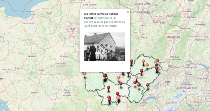 Ces parcours ont été construits avec la participation d’élèves et d’enseignants de la région, en lien avec les archives et les lieux de mémoire. Panneaux numériques et podcasts ont été réalisés par leurs soins et sont disponibles en ligne.
🔗 Accès direct :
https://webdiff.region-academique-bourgogne-franche-comte.fr/routes-des-memoires/

🗺️ À découvrir également : la carte nationale des lieux mémoriels établie par le Ministère de l’Éducation nationale, qui sera publiée à la rentrée sur Eduscol.
Elle recense les lieux étudiés dans le cadre de projets pédagogiques, et la Bourgogne-Franche-Comté s’y distingue en étant la seule région à y faire figurer des lieux non institutionnels.
🔗 Carte nationale :
https://data.education.gouv.fr/explore/dataset/fr-en-lieux-de-memoire/information/