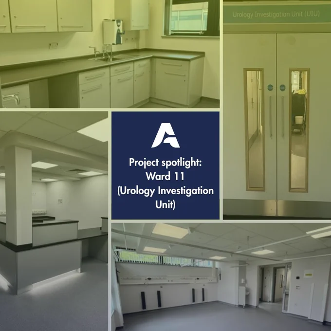 Collage of new unit. Text reads: Project spotlight: Ward 11 (Urology Investigation Unit)