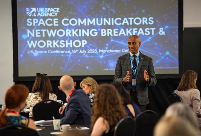K Space Agency's Championing Space Director, Professor Anu Ojha speaking at the Space Communicators Breakfast Workshop.