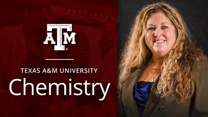 Portrait of a Texas A&M University Chemistry faculty member, Dr. Karen Wooley, smiling, with the university logo and 'Chemistry' text displayed next to them.