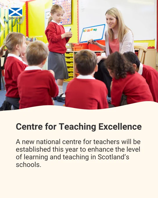 Teacher holding a whiteboard with magnetic letters while young students in red uniforms sit attentively on the classroom floor, with the caption: "Centre for Teaching Excellence: A new national centre for teachers will be established this year to enhance the level of learning and teaching in Scotland's schools."