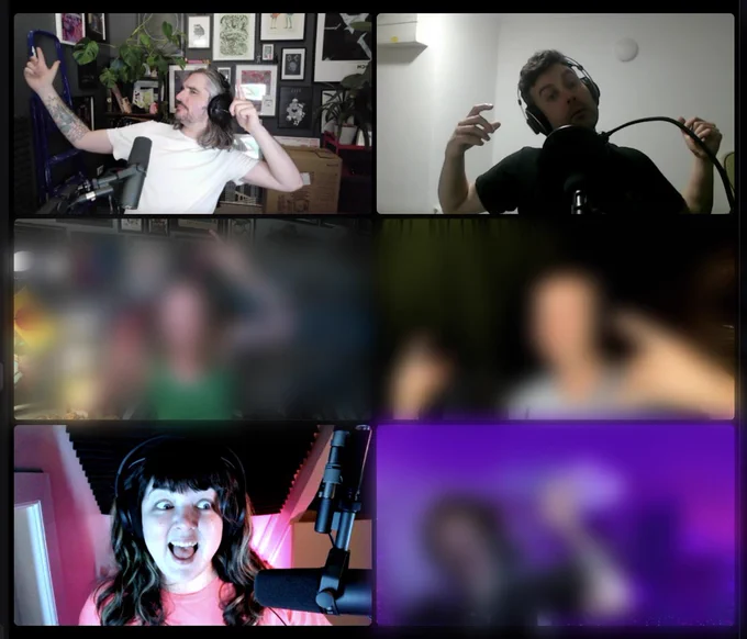 A screenshot of six people on a video call. Three of these people are Dan, Dick and Tay, the backwater bastards.. but the other 3 are blurred out! Listen to backwater bastards to find out who they are!