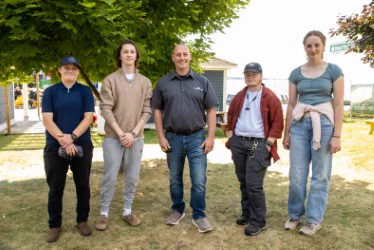Four of the 2025 cohort of Clean Leadership Summer Interns who are working with the Pictou County Rivers Association this summer.  The Association protects and conserves waterways in Pictou County, Nova Scotia through hands-on projects and education.​