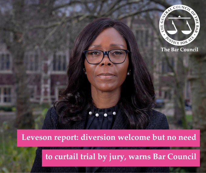 Barbara Mills KC's headshot with text in white writing on a pink background that reads "Leveson report: diversion welcome but no need to curtail trial by jury, warns Bar Council." The Bar Council logo is in the top righthand corner.  
